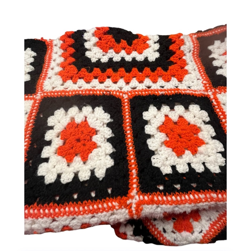 Vintage Granny Square Black, Orange, and White Afghan 35"x 120"
